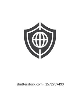 Global Protection Shield vector icon. filled flat sign for mobile concept and web design. Shield with globe glyph icon. Security, safety, protection symbol, logo illustration. Vector graphics