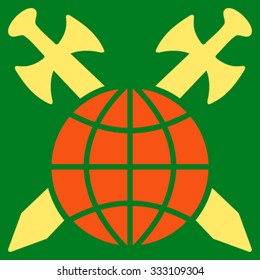 Global Protection vector icon. Style is bicolor flat symbol, orange and yellow colors, rounded angles, green background.