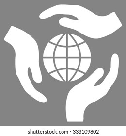 Global Protection vector icon. Style is flat symbol, white color, rounded angles, gray background.