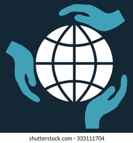 Global Protection vector icon. Style is bicolor flat symbol, blue and white colors, rounded angles, dark blue background.