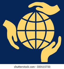 Global Protection vector icon. Style is flat symbol, yellow color, rounded angles, blue background.