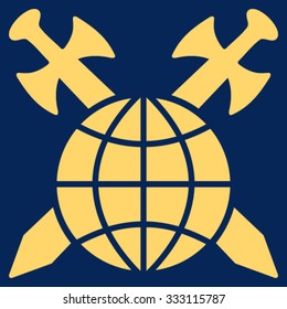 Global Protection vector icon. Style is flat symbol, yellow color, rounded angles, blue background.