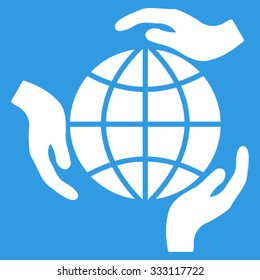 Global Protection vector icon. Style is flat symbol, white color, rounded angles, blue background.
