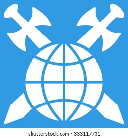 Global Protection vector icon. Style is flat symbol, white color, rounded angles, blue background.