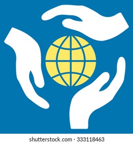 Global Protection vector icon. Style is bicolor flat symbol, yellow and white colors, rounded angles, blue background.