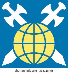 Global Protection vector icon. Style is bicolor flat symbol, yellow and white colors, rounded angles, blue background.