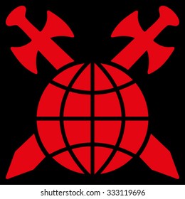 Global Protection vector icon. Style is flat symbol, red color, rounded angles, black background.