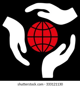 Global Protection vector icon. Style is bicolor flat symbol, red and white colors, rounded angles, black background.