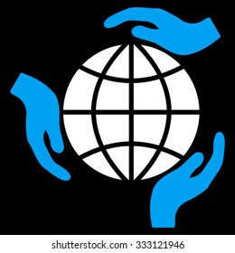 Global Protection vector icon. Style is bicolor flat symbol, blue and white colors, rounded angles, black background.