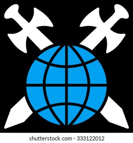 Global Protection vector icon. Style is bicolor flat symbol, blue and white colors, rounded angles, black background.