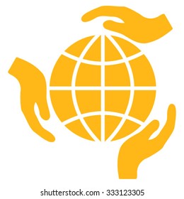 Global Protection vector icon. Style is flat symbol, yellow color, rounded angles, white background.