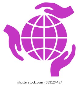 Global Protection vector icon. Style is flat symbol, violet color, rounded angles, white background.