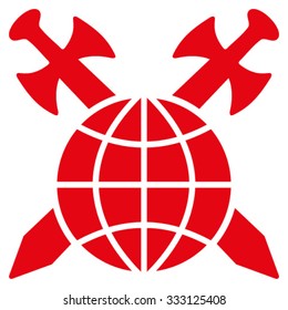 Global Protection vector icon. Style is flat symbol, red color, rounded angles, white background.