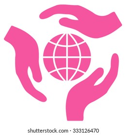 Global Protection vector icon. Style is flat symbol, pink color, rounded angles, white background.