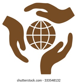 Global Protection vector icon. Style is flat symbol, brown color, rounded angles, white background.