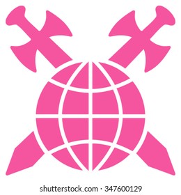 Global Protection vector icon. Style is flat symbol, pink color, rounded angles, white background.