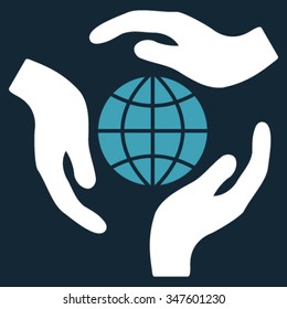 Global Protection vector icon. Style is bicolor flat symbol, blue and white colors, rounded angles, dark blue background.