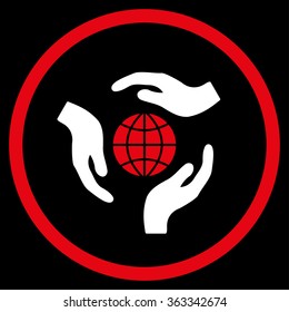 Global Protection vector icon. Style is bicolor flat circled symbol, red and white colors, rounded angles, black background.