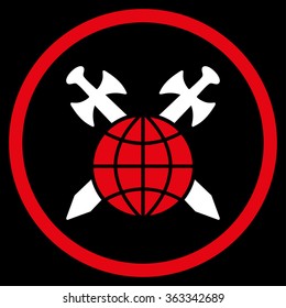 Global Protection vector icon. Style is bicolor flat circled symbol, red and white colors, rounded angles, black background.
