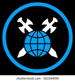 Global Protection vector icon. Style is bicolor flat circled symbol, blue and white colors, rounded angles, black background.