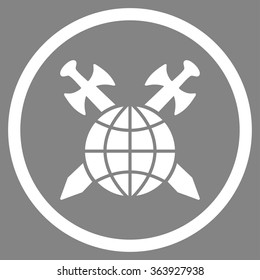 Global Protection vector icon. Style is flat circled symbol, white color, rounded angles, gray background.