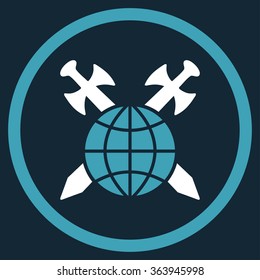 Global Protection vector icon. Style is bicolor flat circled symbol, blue and white colors, rounded angles, dark blue background.