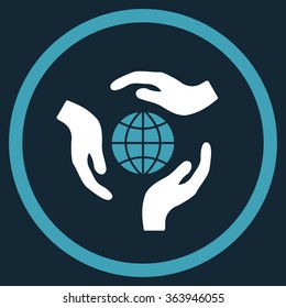 Global Protection vector icon. Style is bicolor flat circled symbol, blue and white colors, rounded angles, dark blue background.