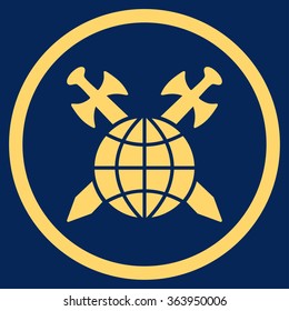 Global Protection vector icon. Style is flat circled symbol, yellow color, rounded angles, blue background.