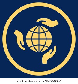 Global Protection vector icon. Style is flat circled symbol, yellow color, rounded angles, blue background.