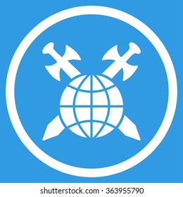 Global Protection vector icon. Style is flat circled symbol, white color, rounded angles, blue background.
