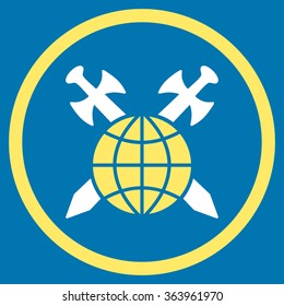 Global Protection vector icon. Style is bicolor flat circled symbol, yellow and white colors, rounded angles, blue background.