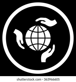 Global Protection vector icon. Style is flat circled symbol, white color, rounded angles, black background.