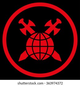 Global Protection vector icon. Style is flat circled symbol, red color, rounded angles, black background.