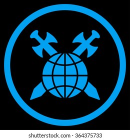 Global Protection vector icon. Style is flat circled symbol, blue color, rounded angles, black background.