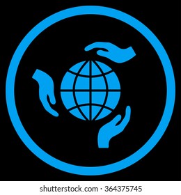 Global Protection vector icon. Style is flat circled symbol, blue color, rounded angles, black background.