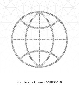 Global Railway Transportation Creative Concept Icon with Top View Railroad Segments Interlaced over Globes Circles of Latitude and Meridians - Grey on White Background - Graphic Silhouette Style