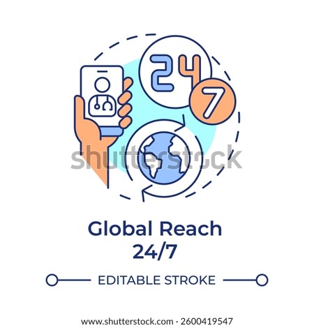 Global reach 24 7 multi color concept icon. Healthcare available at any time. Quality of medical service. Round shape line illustration. Abstract idea. Graphic design. Easy to use in application