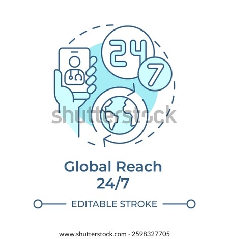 Global reach 24 7 soft blue concept icon. Healthcare available at any time. Quality of medical service. Round shape line illustration. Abstract idea. Graphic design. Easy to use in application