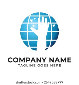 Alcance Global e Aspiração Inspirando o Empoderamento Global da Comunidade com uma Mão Alcançando Estrelas dentro de um Globo Mundial