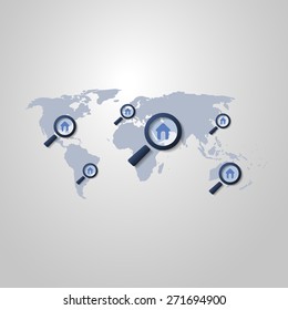 
Global Real Estate Business Concept with World Map and Magnifying Glasses with House Icons Inside