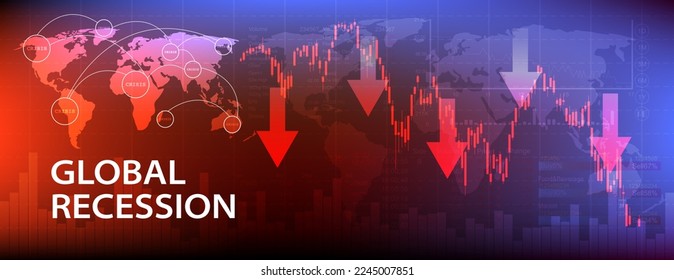 Global recession in 2023 Graphs and slumping stock markets show the global economic crisis in 2023. The effects of inflation, war, epidemics. EPS10 vector.