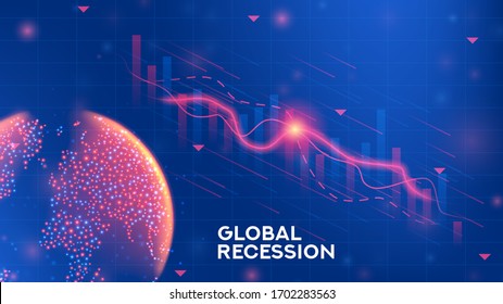 El concepto de bandera de la recesión global. Concepto de fondo con gráficos de cotizaciones y diagramas financieros. Ilustración vectorial con 3d mundo globo sobre fondo azul.