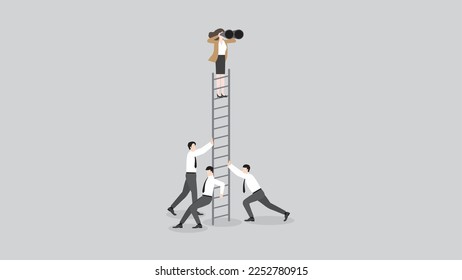 Global recession concept. A vision businessman uses binoculars, look for opportunities. The team supports a ladder. The financial crisis, economic downturn, inflation, recession, failure, and crisis.