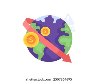 global recession concept. world economy is experiencing deceleration and decline. economic crisis. earth illustration with declining graph and coins. problems, finance and economy. flat style design