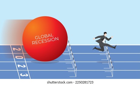 Global recession concept in the year 2023. A businessman runs away and jumps from the big red ball of the financial crisis, economic downturn, inflation, recession, failure, bankruptcy, and crisis.