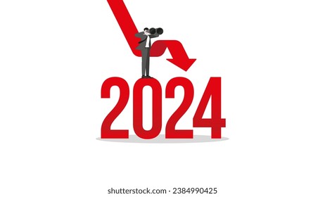 El concepto de recesión global en el año 2024. Un empresario de visión usa binoculares. Un gráfico rojo de la crisis financiera, la desaceleración económica, la inflación, la recesión, el fracaso, la bancarrota y la crisis.