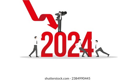 Global recession concept in the year 2024. A vision businessman and teamwork. A red down graph of the financial crisis, economic downturn, inflation, recession, failure, bankruptcy, and crisis.