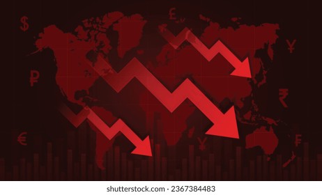 Global Recession with Red chart downfall. Business Downfall, Global Recession, and Financial Crisis. Falling Arrows with World Map and Stock Market Crash. Foreign Exchange Currencies Falling.