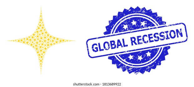 Global Recession rubber stamp seal and vector recursive composition space star. Blue stamp seal includes Global Recession caption inside rosette.