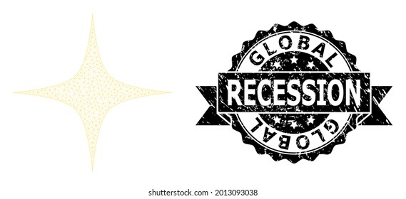 Global Recession textured stamp and vector space star mesh structure. Black stamp includes Global Recession caption inside ribbon and rosette. Abstract flat mesh space star, designed with flat mesh.